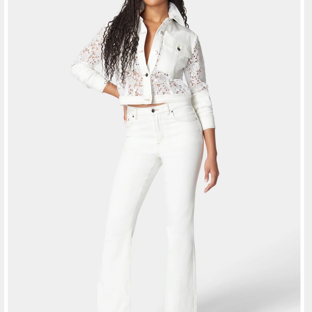 bebe White Flare Jeans and jacket outfit